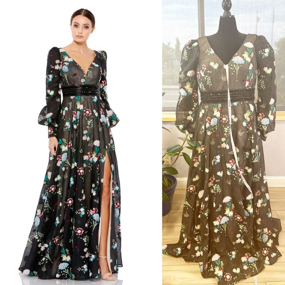 - EMBROIDERED BISHOP SLEEVE V NECK FLOWY GOWN  79361 Size 16